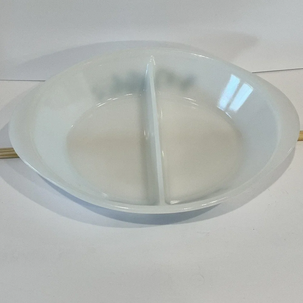 VTG Glasbake Divided Casserole Baking Dish‎ J-2352 White w/ Aqua